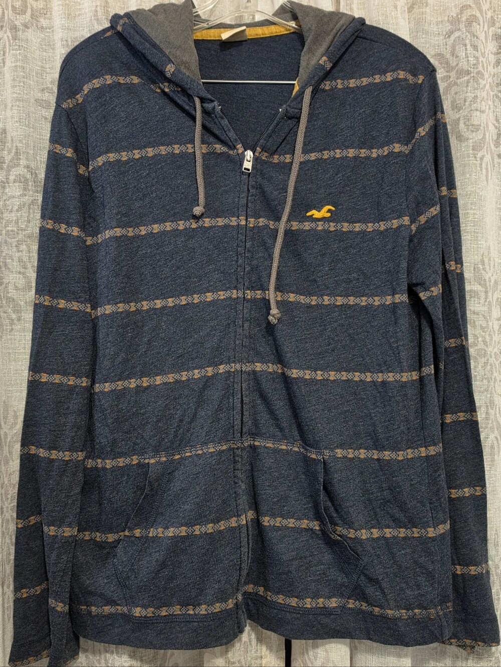 Hollister Lightweight Full-Zip Hoodie Blue Orange Geometric Stripes, Sz SM